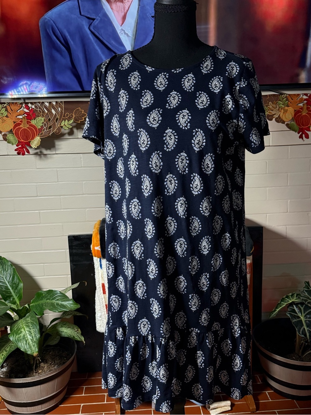 J. Jill Navy Paisley Short Sleeve Tiered Midi Dress